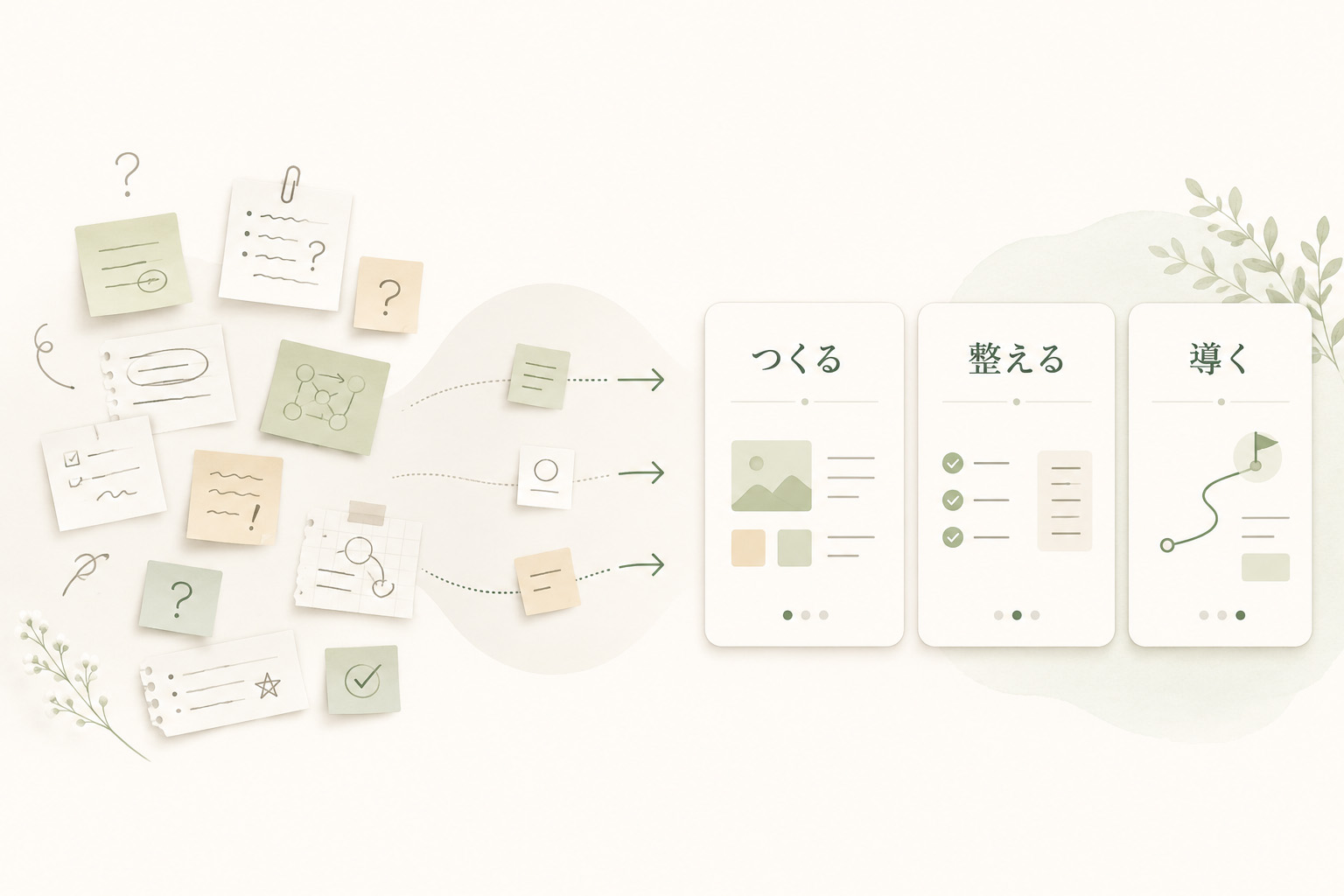 散らかったメモが、つくる・整える・導くの3つに整理されていく図解風イラスト