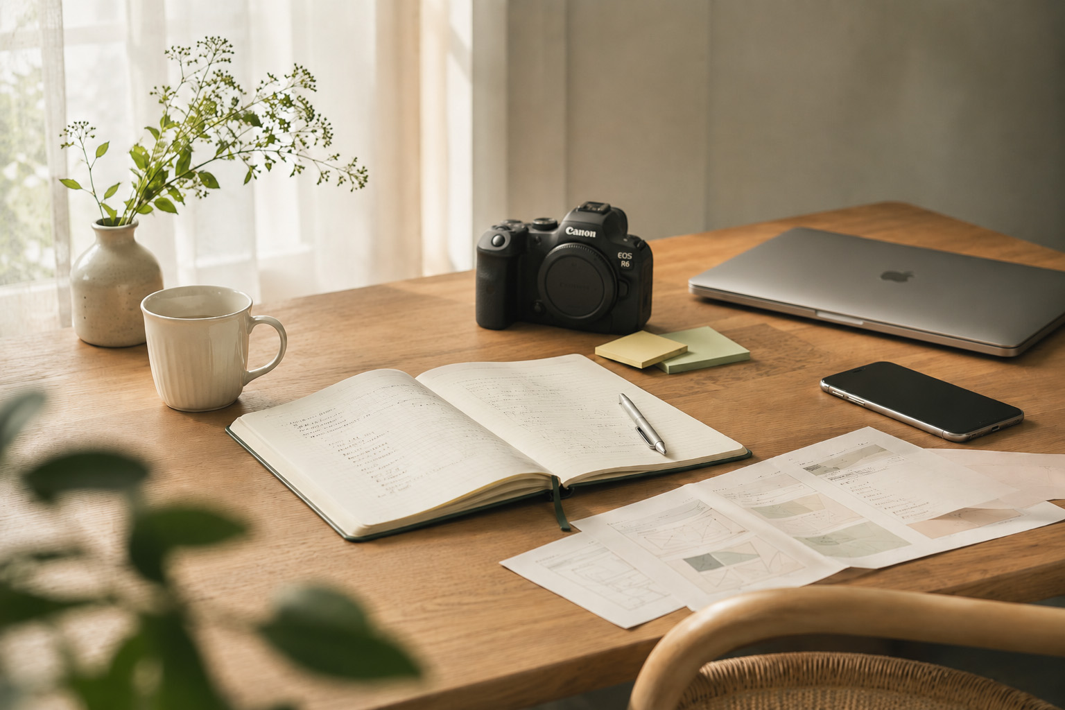 制作デスクにカメラ、ノート、MacBook Proが整然と置かれたHollyhocksのメインビジュアル