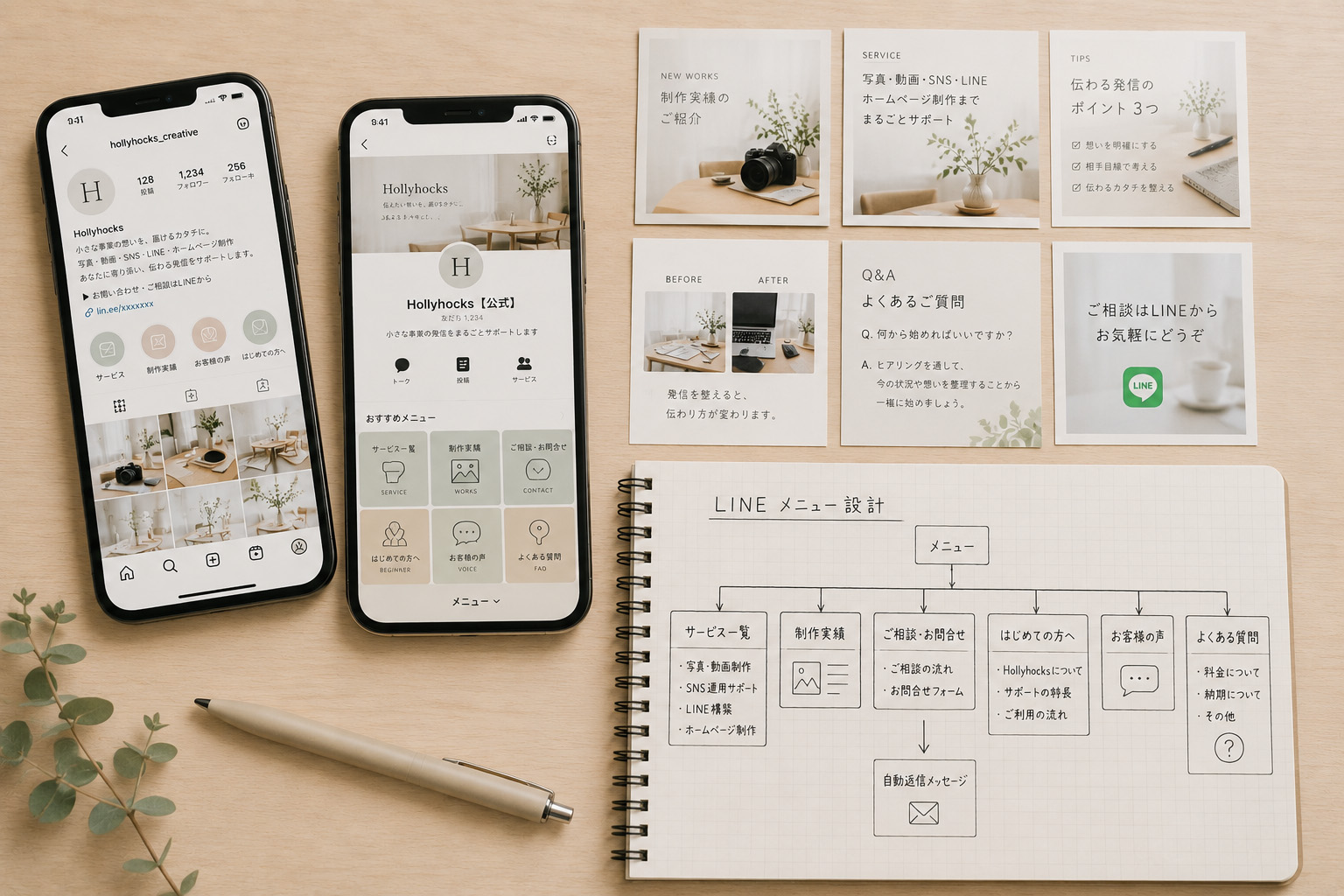 スマホ2台、投稿カード、LINEメニュー設計の紙が整然と並ぶSNS・LINE構築のサムネイル