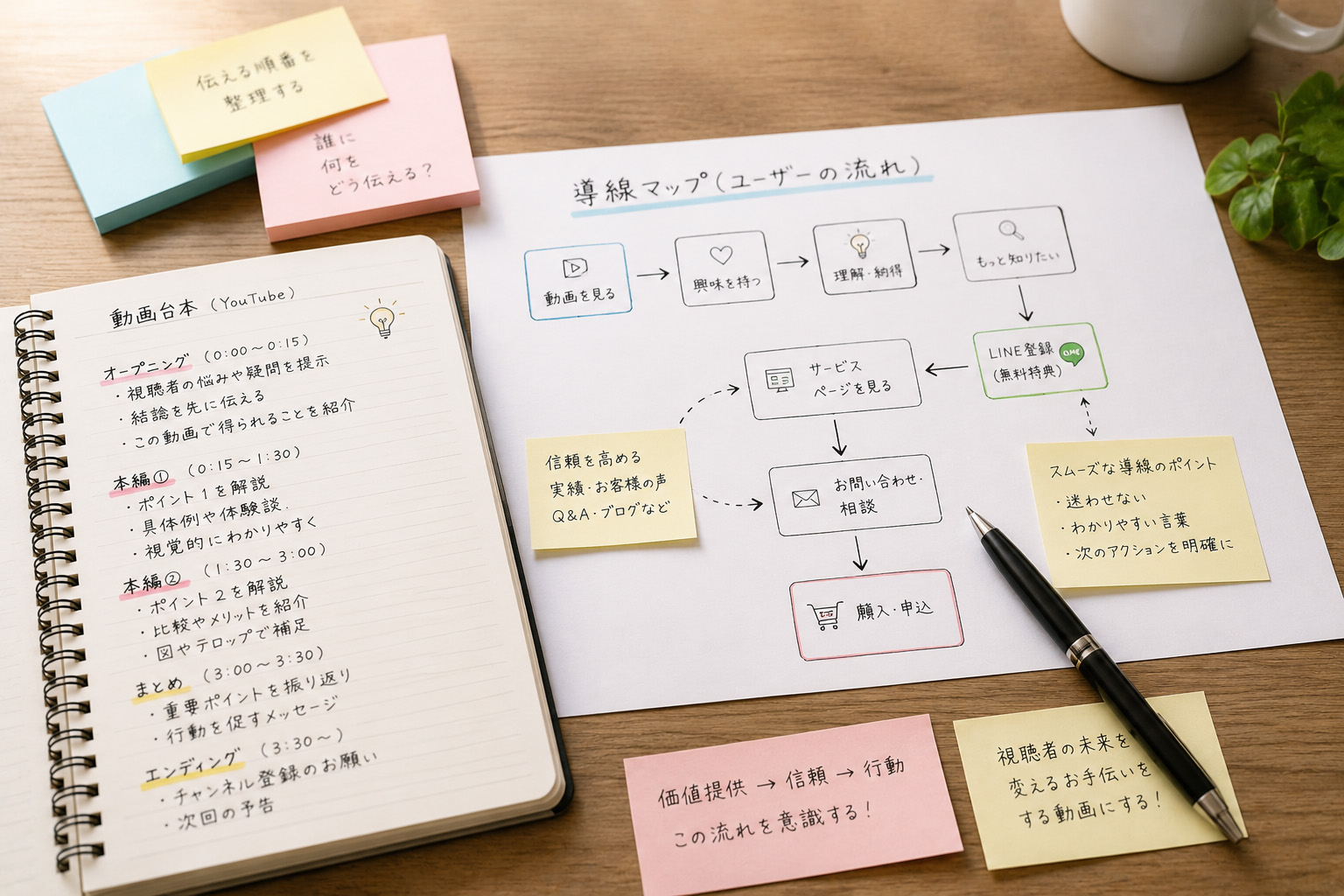 台本ノート、導線マップ、ペン、付箋が並ぶ企画・台本・導線設計のサムネイル