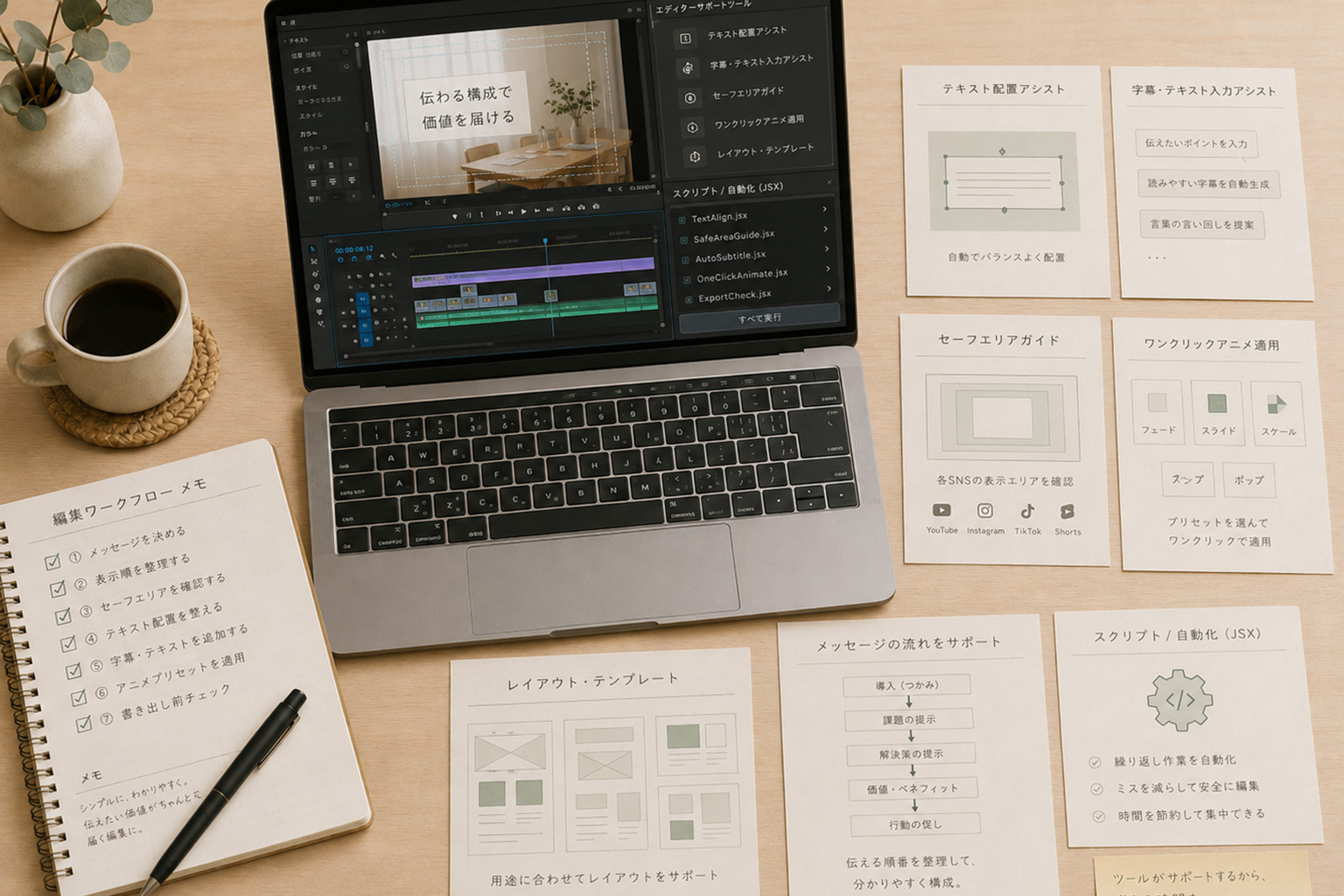 Premiere Proの編集画面、JSXスクリプト、テキスト配置補助、セーフエリア確認の資料が並ぶ画像