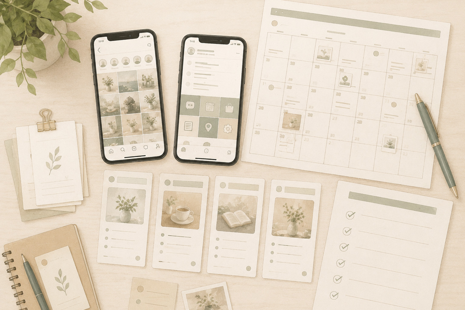 スマホ、Instagram投稿グリッド、LINEメニュー、発信カレンダーが整ったイラスト